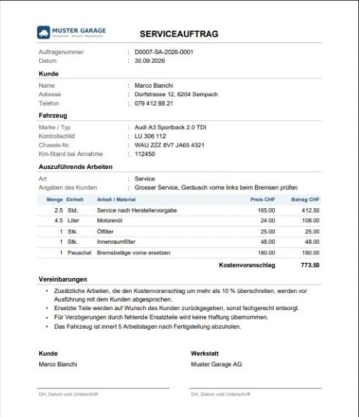 Serviceauftrag als PDF mit Positionen und Kostenvoranschlag